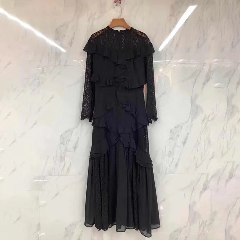 TWOTWINSTYLE Elegant Patchwork Ruffles Irregular Dresses Female O Neck Long Sleeve High Waist Women's Dress Fashion Clothing New