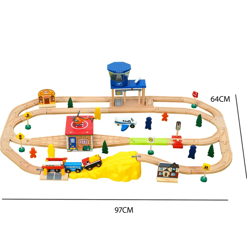 

Airport Transport Train Wooden Track Set Children Assemble Rail Car Toy Compatible with Wooden Train Tracks and Electric Trains