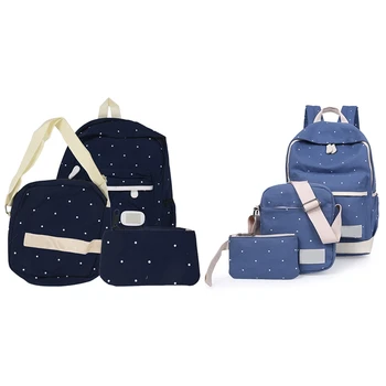 

3Pcs Women Backpacks Canvas Book Bags School Back Bags for Teenage Girls Composite Bag Backpack Dark Blue & Light Blue