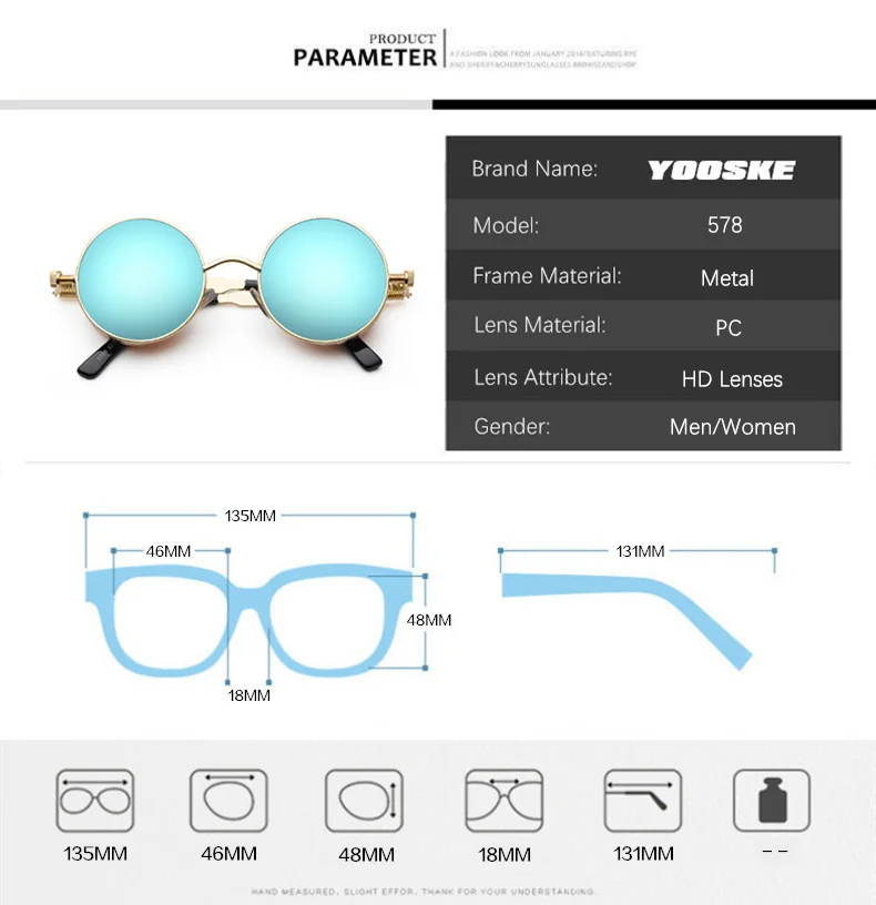 YOOSKE Готический стимпанк Круглые Солнцезащитные очки для мужчин и женщин сплав очки круглой формы брендовые дизайнерские солнцезащитные очки зеркальные высокое качество