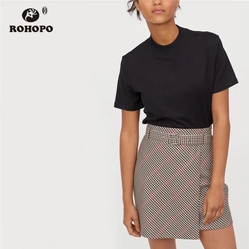 

ROHOPO Belted HOUNDSTOOTH Front Slip Plaid Mini Skirt with Lining Ladies British Academy Red Gray Flared Short Bottom #27367