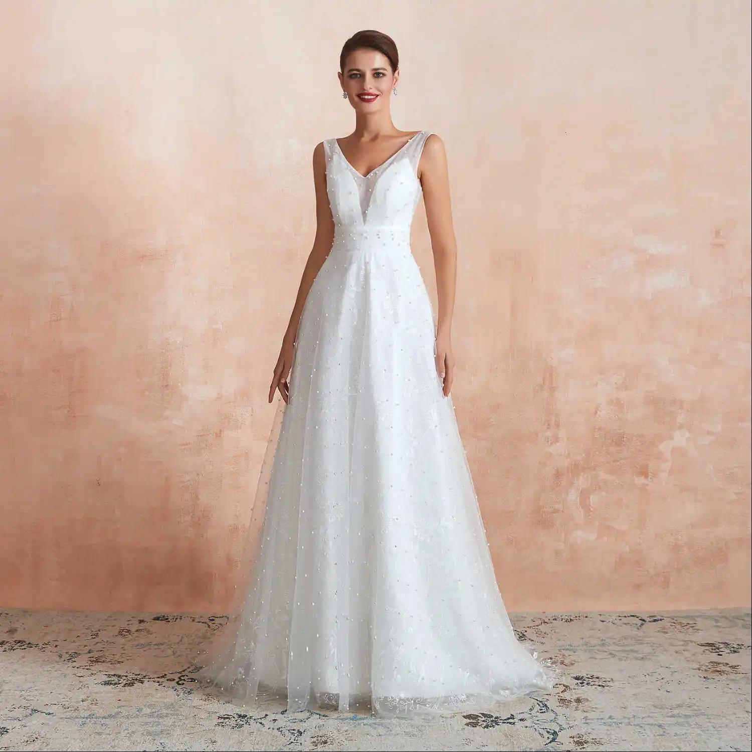 Vivian's Bridal Бохо кружевное свадебное платье с жемчугом сексуальное двойное v-образным вырезом Иллюзия сетка многоуровневые пояса развертки поезд свадебное платье