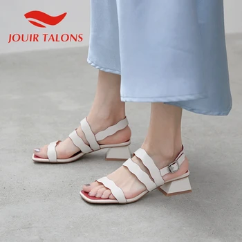 

JOUIR TALONS 2020 Brand Design Genuine Leather Women Sandals Square Heels Peep Toe Metal Decoration Pumps Summer Women Shoes