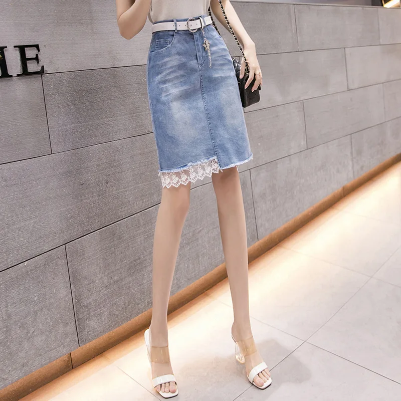 

2020 Photo Shoot Spring And Summer Korean-style High-waisted Slimming Versatile Elasticity Cowboy Flash Irregular Joint Lace Mid