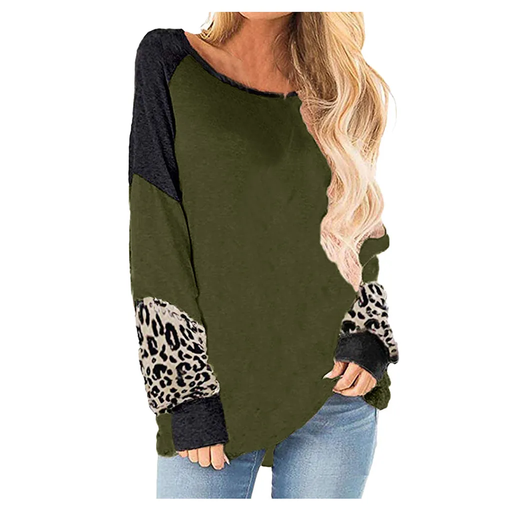 2019 ladies leopard solid color stitching long-sleeved shirt sweater 
