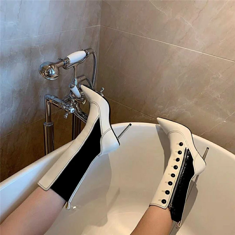 Buono Scarpe/женские ботинки средней высоты на металлическом каблуке-шпильке с острым носком; Botas Mujer; обувь для вечеринок из натуральной кожи; ботинки на молнии на каблуке