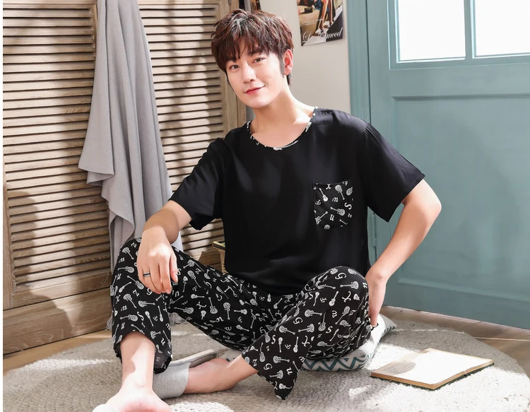 soft cotton pyjamas 2020 New Printing Pajama Set Man Korean Style Cotton Short Sleeve Long Trousers Twinset Pijama Summer Thin  Loungewear men satin pajamas