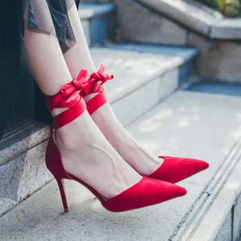 

New Red Pink Silk Women Pumps Pointed Toe Ankle Strap Tied Sandals Stiletto High Heels Women Wedding Shoes Женская обувь
