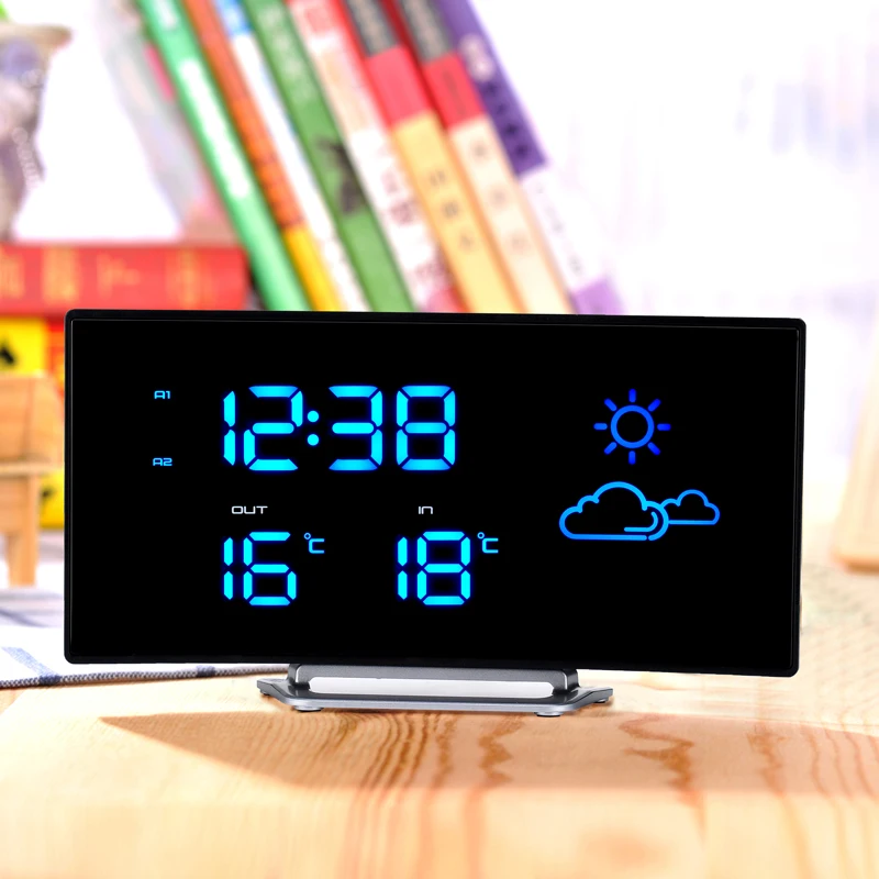 

LED Alarm Clock Weather Forecast FM Radio Snooze Function Home Decoration Desk Table Clock Arc Shape Digital Temperature Display