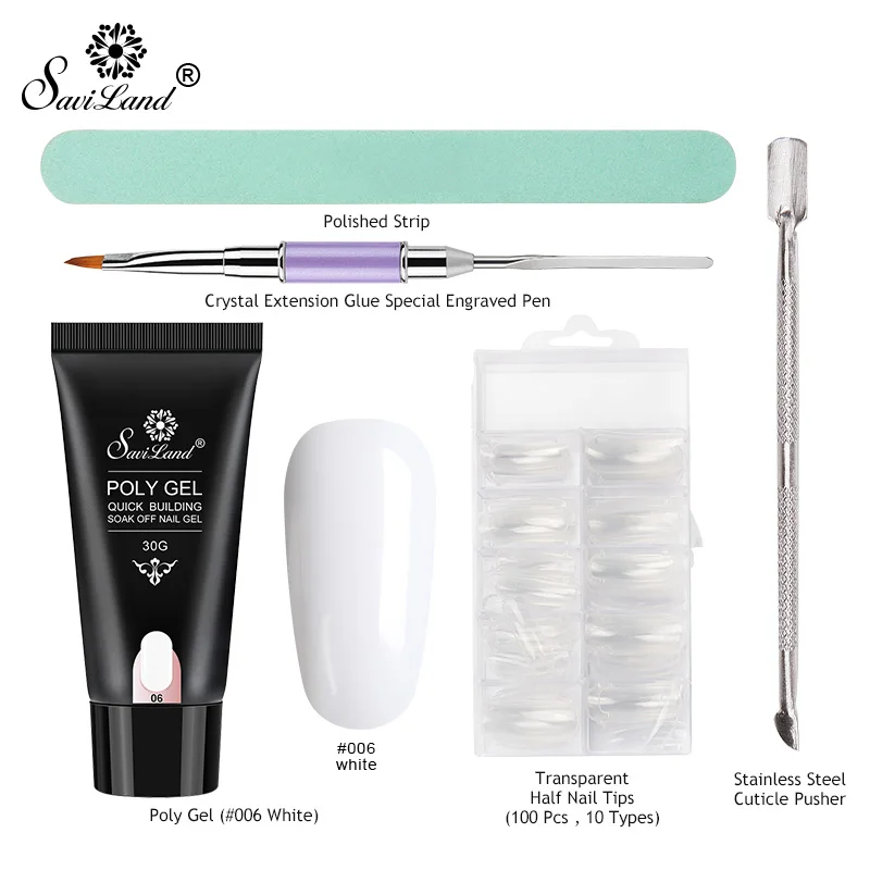 white poly gel set Saviland 30 г полигелевый набор для быстрого УФ-геля двойного использования для маникюра, кисти для наращивания ногтей, полигелевые инструменты, набор 10 шт - Цвет: white poly gel set