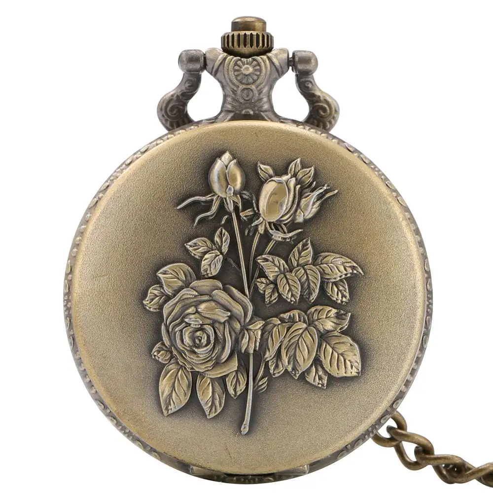 Pocket Watch Pendant-Clock Steampunk Bronze Retro Antique Women Rose Quartz Sweater Flowers-Design