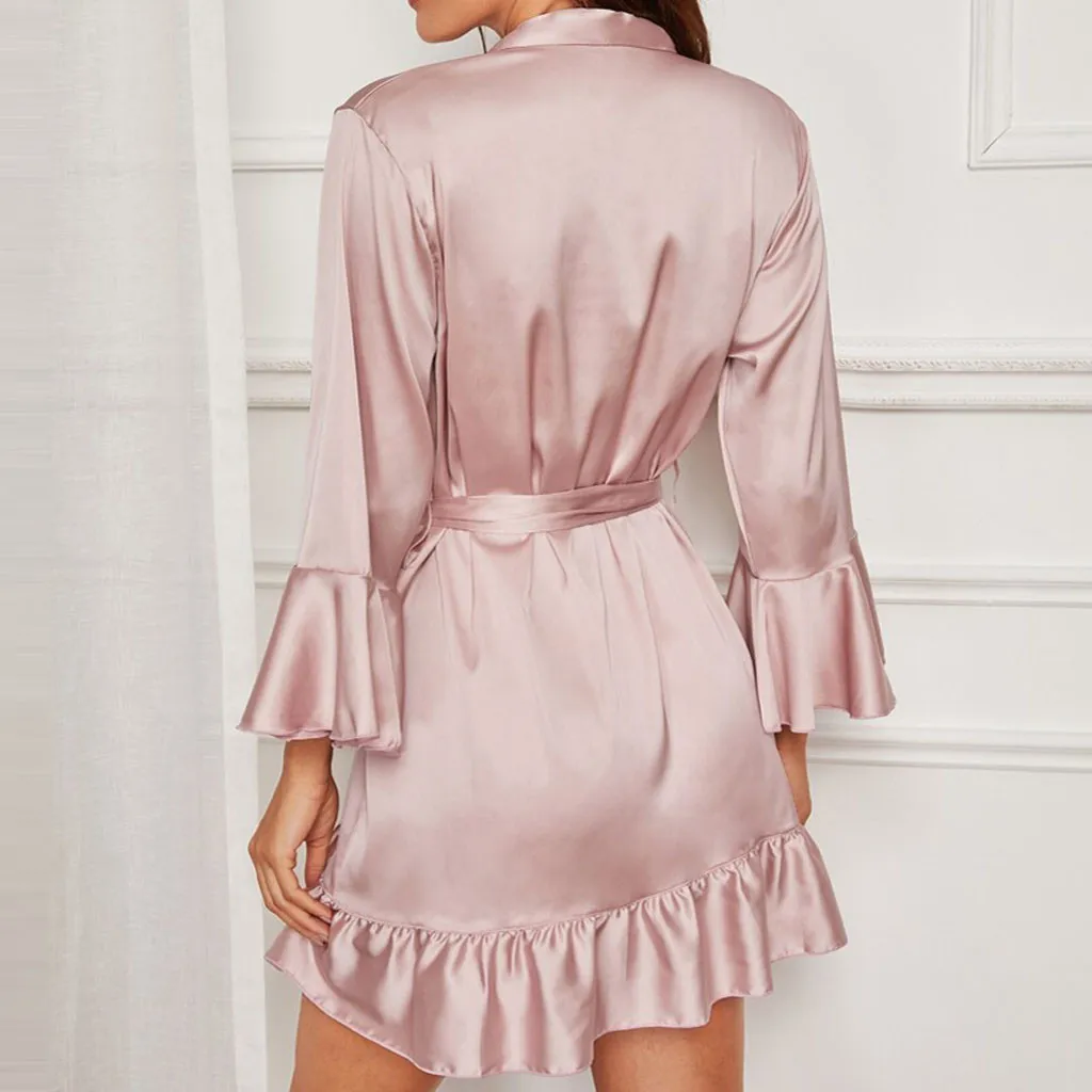 Женский розовый халат, одежда для сна, Сексуальный Атласный халат с рюшами и длинным рукавом, ночная одежда с поясом, Элегантный женский банный халат, кимоно для невесты