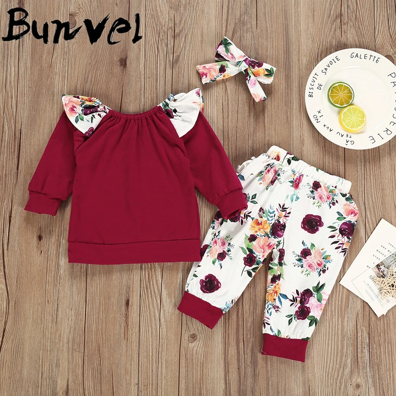 Bunvel/комплект из 3 предметов; Спортивный костюм для малышей; весенне-осенняя одежда; Спортивный костюм для малышей с рюшами и цветочным