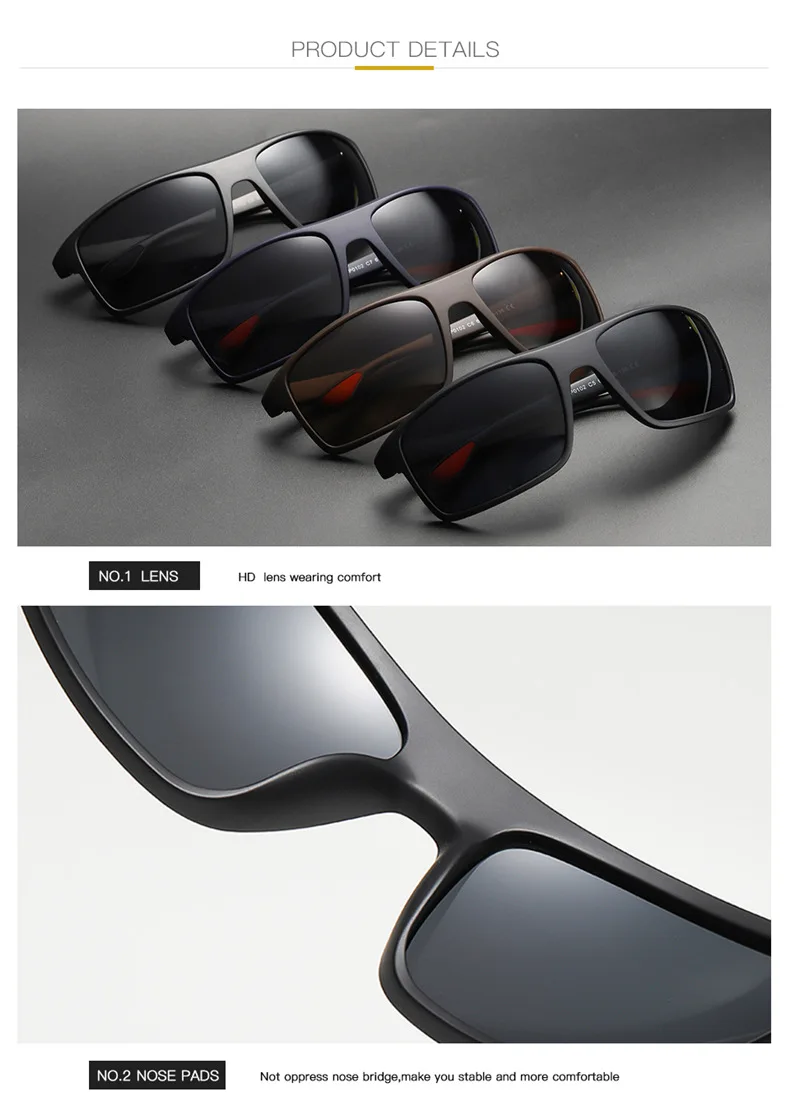 Classic Polarized Sunglasses Men TR90 Ultralight Anti-UV Driving Black Sun Glasses Black Square Vintage Dark Eyewear Shades