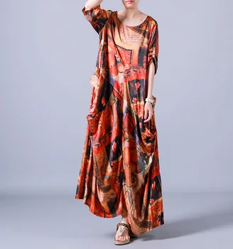 

Women Printed Retro Plus Size Dress Ladies Vintage Robe Dresses Female Elegant Irregular Summer Thin Silk Dress Bat Sleeve