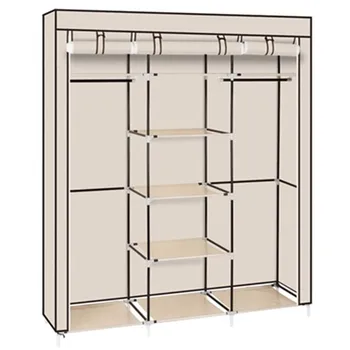 

5-Line 9Lattices Portable Clothes Closet 69" Non-Woven Fabric Wardrobe Double Rod Organizer Bedroom Clothes Storage Cabinet