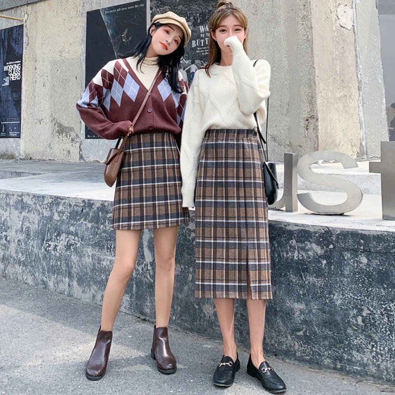 

2019 Autumn Winter Girlfriend Restro Long Skirt Elastic Waist Plaid Wool Women Split Skirt Korean Chic Vintage Straight Skirt