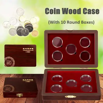 

10 Coin Storage Boxes Wood Case Display Box Adjustable Wooden Storage Holders Collection Round Capsule For Commemorative Coin