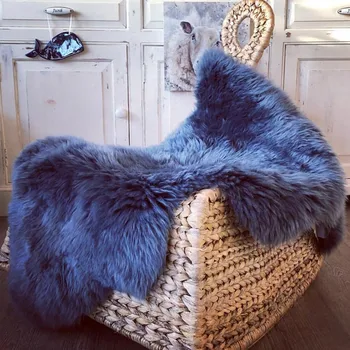 

Selected Genuine sheepskin fur rug in blue color, real sheep fur chair mat, fur bedside carpet
