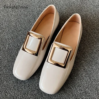 

2020 runway style women patent leather cowhide metal square buckle dress lofers high quality flat casual driving shoes holiday