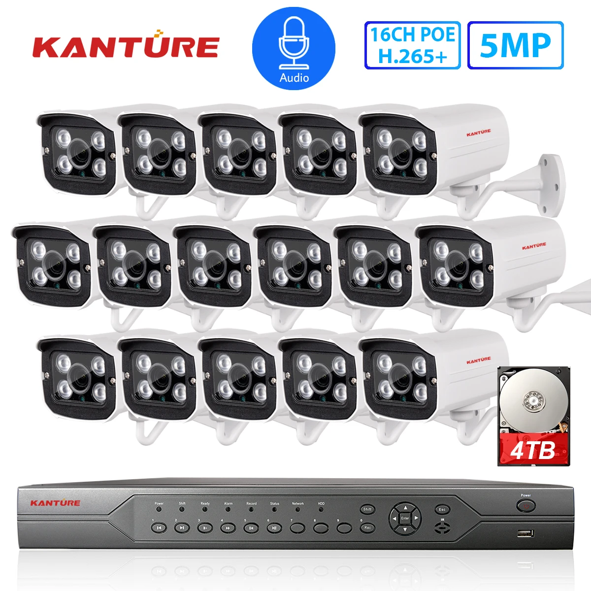 KANTURE H.265 + 16CH 5MP POE NVR Kit безопасности Камера Системы аудио IP Водонепроницаемый CCTV