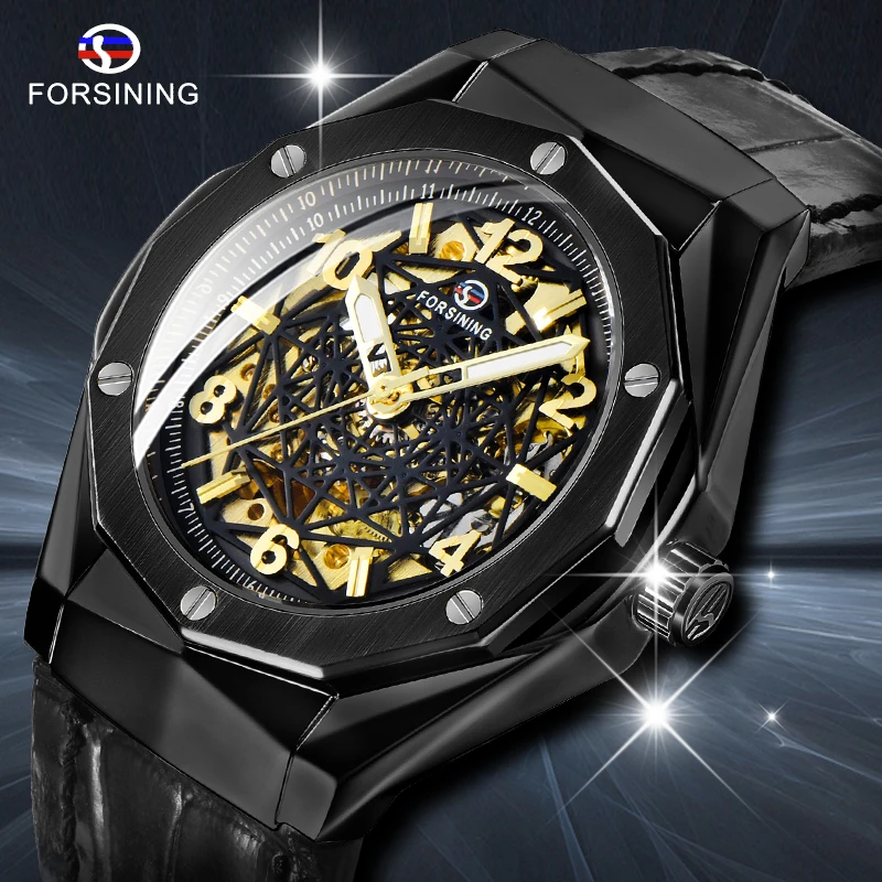 

Top Brand Luxury FORSINING Men Auto Mechanical Wrist Watches Leather Strap Black Gold Skeleton Dial Watch Relogio Masculino