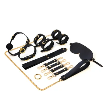 Real Leather BDSM Bondage Kits Handcuff Ankle Cuffs Collar Gag Slave Bed Restraints Set Erotic Sex Toys for Adult Couples Game