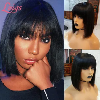 

Straight Short Bob Full Lace Wig With Bangs Glueless Preplucked Short Bob Full Lace Human Hair Wigs With Bangs For Black Women