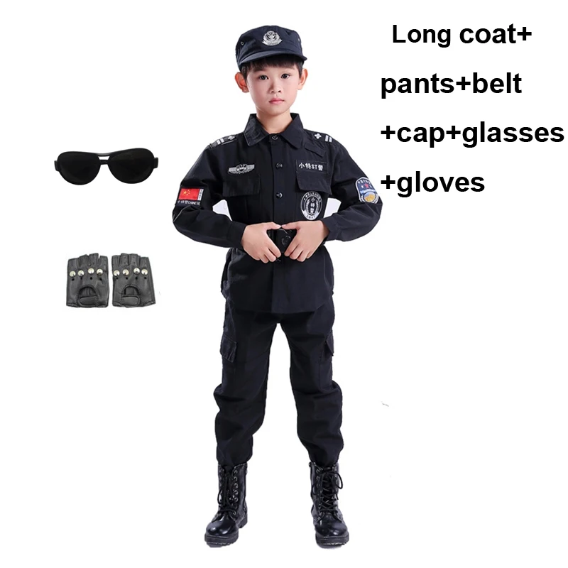 Long set hat gloves New Boy Cosplay for Policemen Kids Army Police Uniform Performance Policemen Costumes Coat+Pant+Belt+Cap Special Police Clothing - Цвет: Long set hat gloves