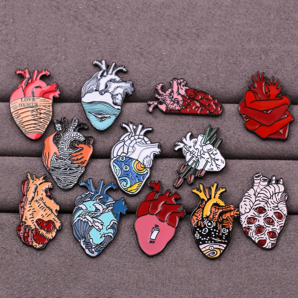 Punk Style Skeleton Love Heart Enamel Pins Self-deprecating Dark Punk Brooches Ocean Wave Whale Human Heart Lapel Pins Badges