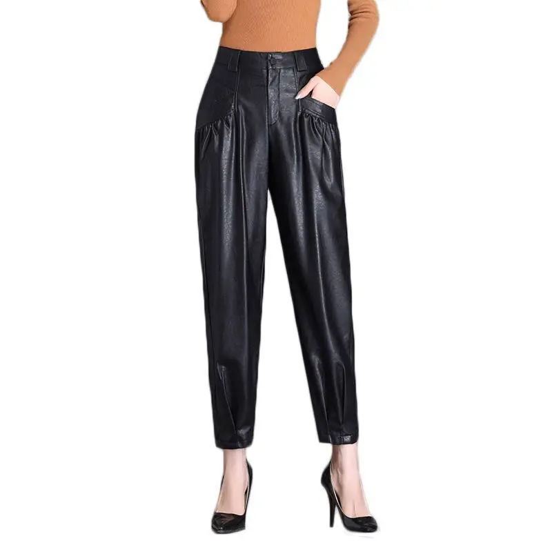 Autumn Women PU Leather Pants Fashion High Waist Faux Harem Ladies Trousers Pockets Bottoms Streetwear Mujer | Женская одежда