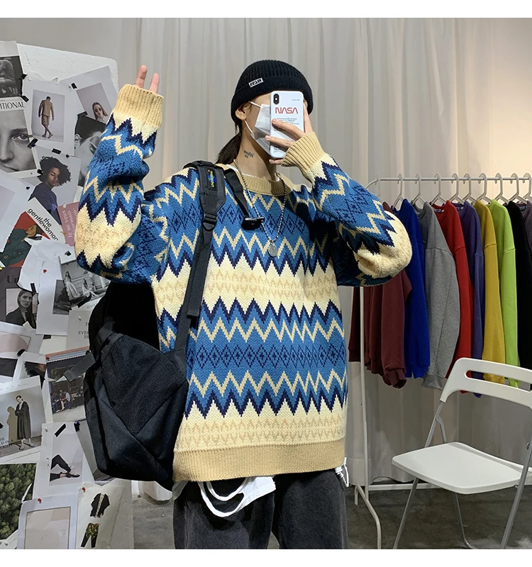 Sweater Men's Warm Fashion Contrast Color Casual Retro O-neck Knit Pullover Men Loose Knitting Sweaters Male Sweter Clothes