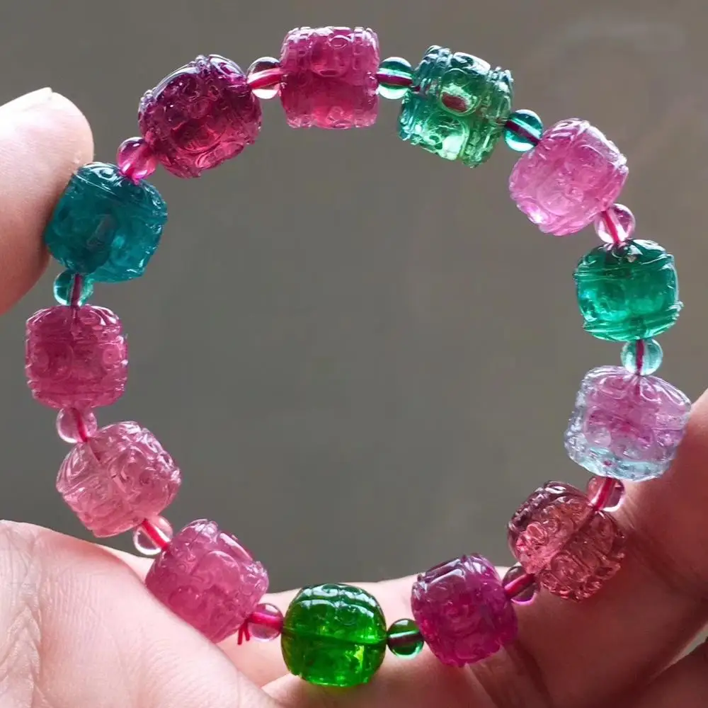 

Certificate Natural Colorful Tourmaline Red Green Pink Clear Barrel Beads Woman Bracelet 12x11mm Tourmaline Bangle AAAAAA