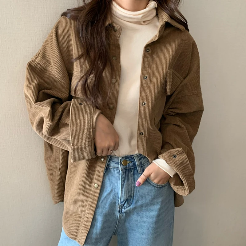 Oversized Solid Corduroy Shirts Jackets Casual Autumn Basic Outwear Spring New Women Street Full Sleeve Turn-Down Collar Coats