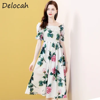 

Delocah Sexy Slash neck Fashion Designer Women Sundress Lantern Sleeve Rose Floral Print Beach Holiday Midi Dresses vestidos