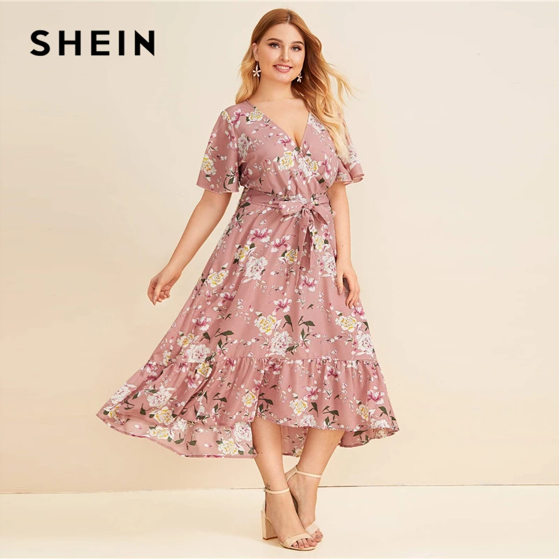 SHEIN плюс размер с рюшами и цветочным принтом подол обёрточная лента поясом длинное платье женское лето осень V шеи Высокая талия Fit и расклешенные Бохо платья