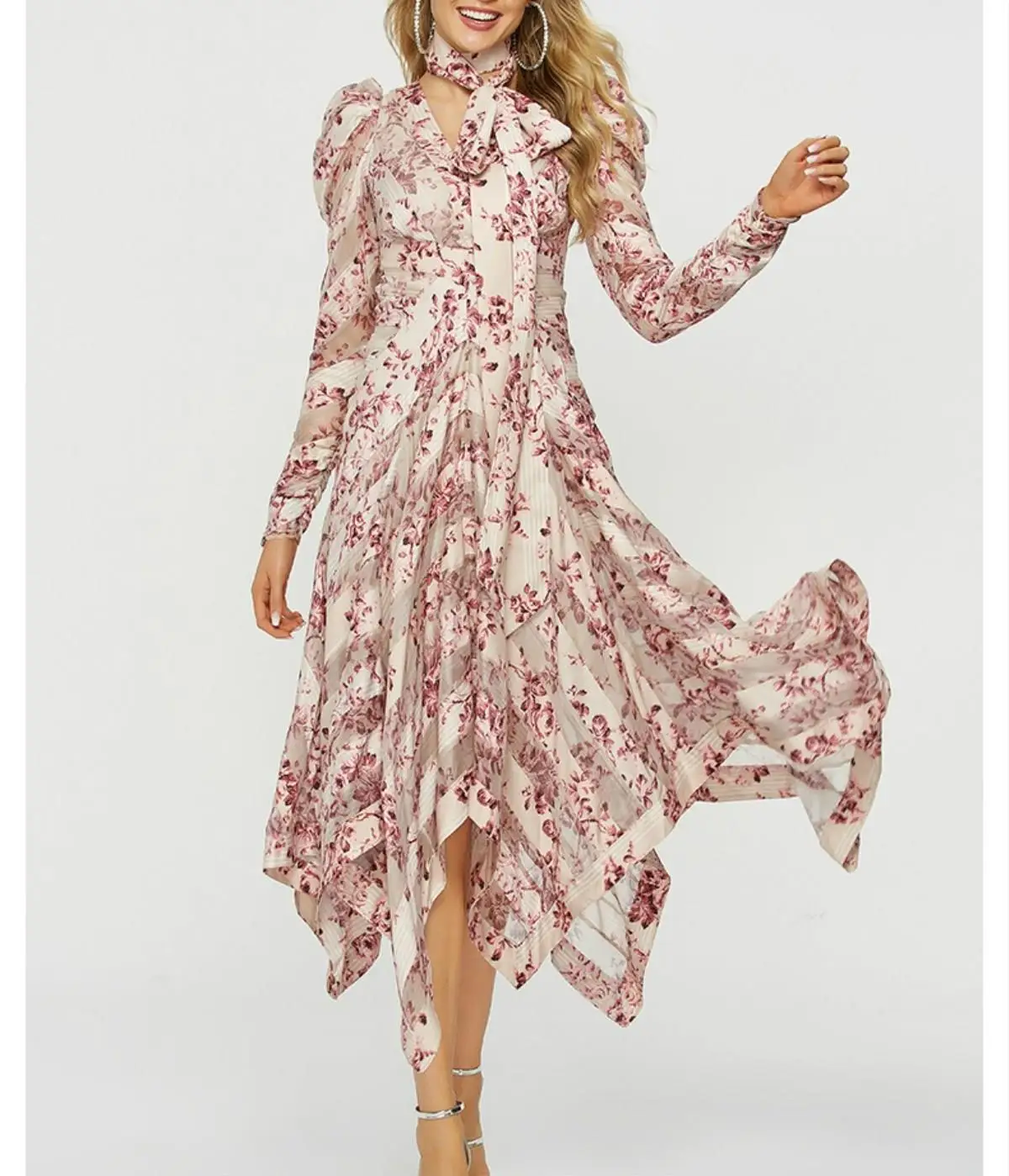 

Women Fall Pink Long Sleeve Print Dress Asymmetrical V Neck Dress Bow Empire Waist Party Elegant Dresses