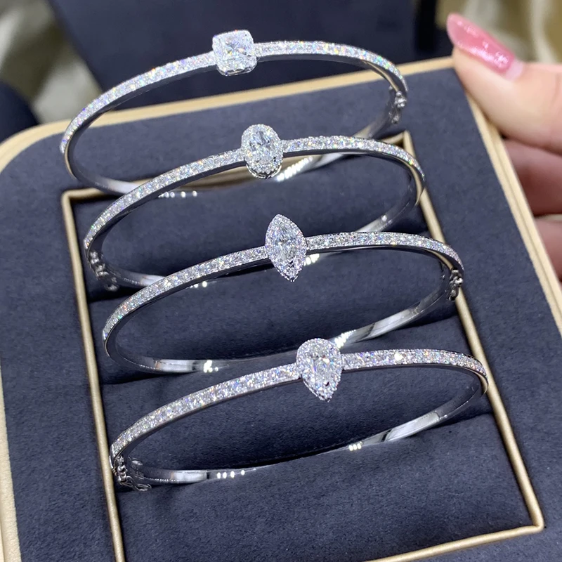 Hff9c1f01375e48eb935c143e4fbe9fd3Q LUOWEND 100% Real 18K Au750 White Gold Bangle Genuine Natural Diamond Bracelet Luxury Party Jewelry Customize