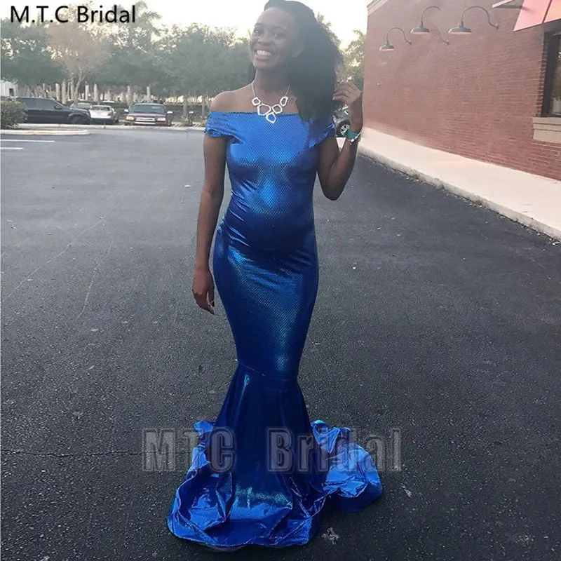 Sereia sem Costas Vestidos de Baile com Arco Fora do Ombro Vestidos de Festa à Noite Brilhante Azul Real Longos Preto Menina Formatura Baratos