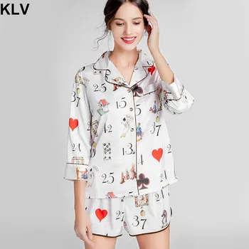 

Women Spring Imitation Silk Pajams Set 3/4 Sleeve Notched Lapel Tops Loose Shorts Cartoon Poker Print Sleepwear