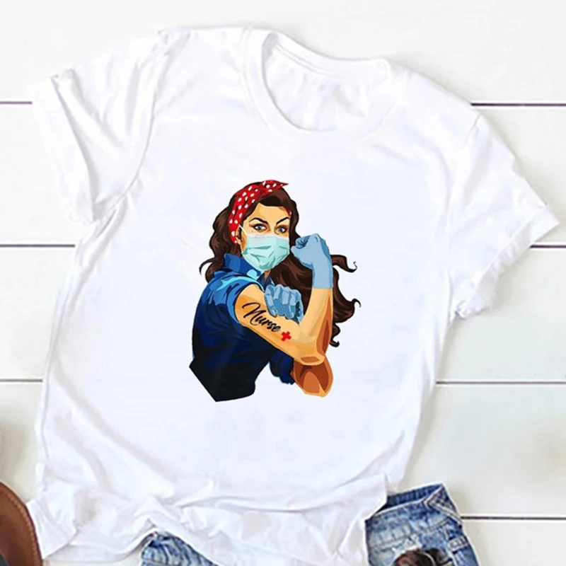 Женские футболки для медсестер Дамские топы Rosie The Riveter белые женские с красным