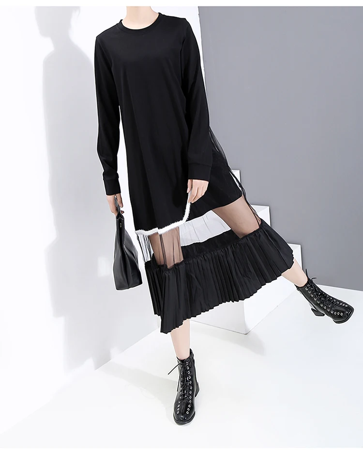 Новинка, корейский стиль, зимнее женское черное Сетчатое лоскутное платье, длина до колена, для девушек, милая одежда, платье миди, стильная Роба, Femme 5811
