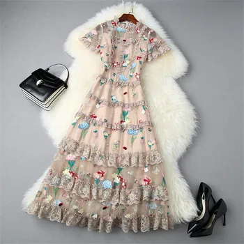 

High Quality Runway Dress Designers Women 2020 Summer Style Elegant Short Sleeve Ruffle Floral Embroidery Cake Mesh Party Dress