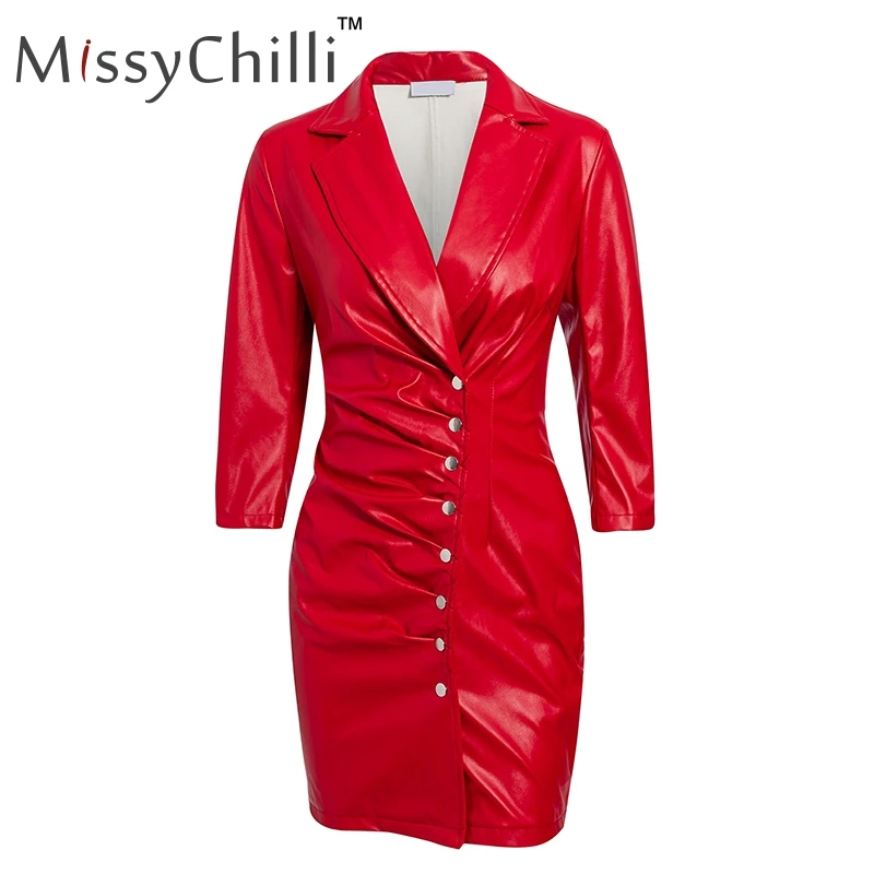 Красный MissyChilli Плиссированное красное платье из искусственной кожи для женщин; зимнее облегающее мини-платье на пуговицах; элегантное осеннее сексуальное Клубное платье с v-образным вырезом; вечерние платья - Цвет: Красный