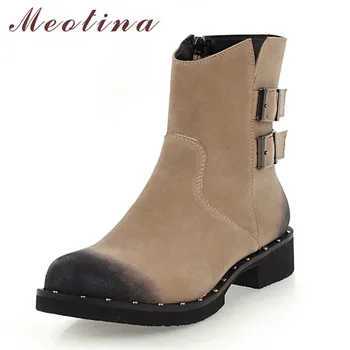 

Meotina Women Ankle Boots Shoes Buckle Mid Heel Boots Ladies Round Toe Thick Heels Zip Rivet Short Boots Autumn Winter Gray 46