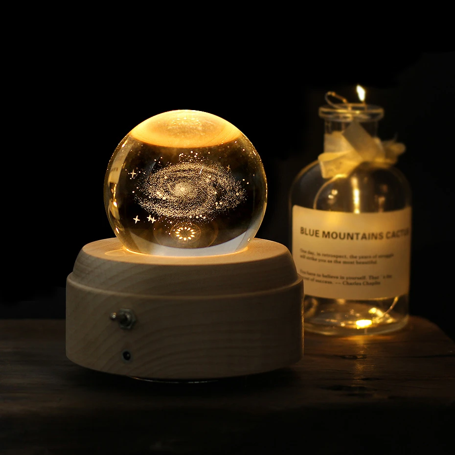 

3D Solar System Crystal Ball Wooden Luminous Music Box Rotary Innovative Birthday Gift Hand Crank Music Box Mechanism Gift