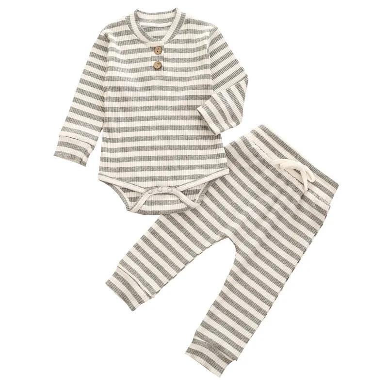 

Toddler Baby Girl Boy 2PCS Outfit, Crew Neck Button Long Sleeve Casual Bodysuits Pants Stripe Clothes Sets Spring Autumn