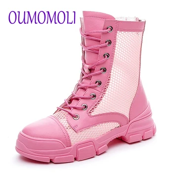 

Summer Boots Women Shoes Natural Leathet Thick Heels Ankle Boots Mesh Cutout Zipper Round Toe Shoes Ladies 34-40 Q623