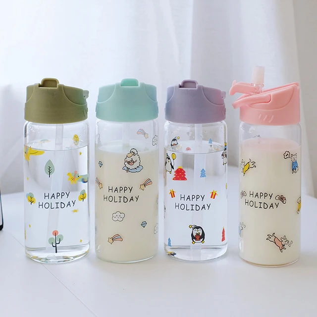 360ml 480ml Cartoon Glass Water Bottle Cute Milk Tea BPA Free