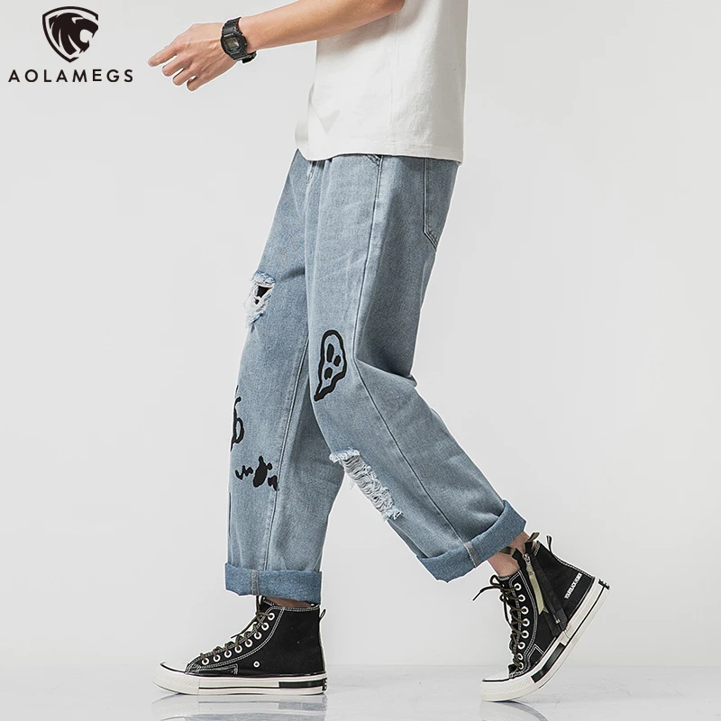 

Aolamegs Jeans Men Graffiti Printing Loose Denim Pant Casual Hole Pants Men Hip Hop All-match Cotton Japanese Fashion Streetwear